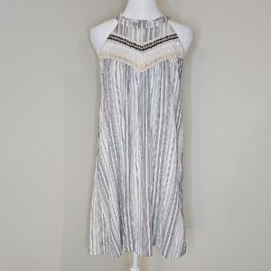 THML Striped Halter Blue White Pink with Crochet, Eyelet Lace Midi Dress Sz M